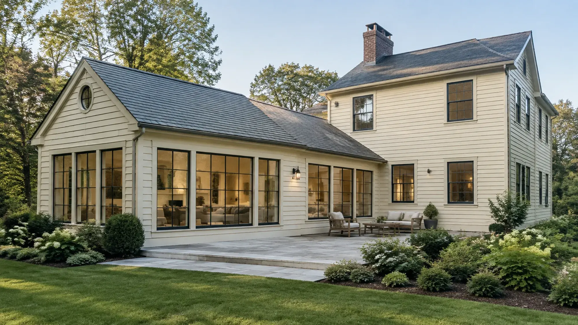 A light-filled family-room addition with cream siding, tall windows, and a stone terrace.