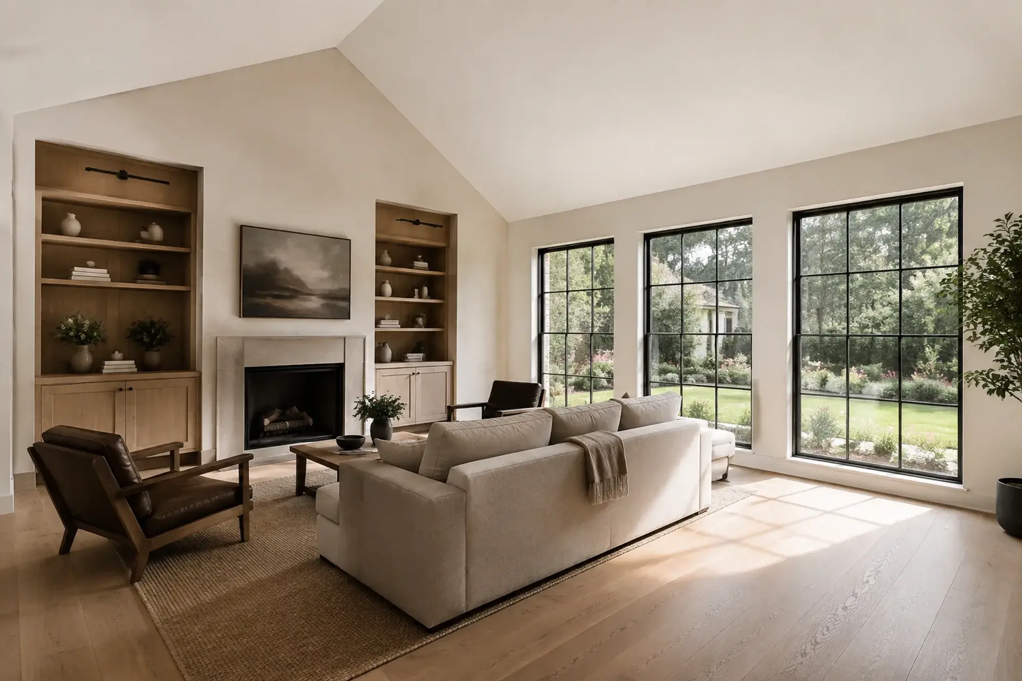 A completed family room with vaulted ceiling, oak built-ins, and tall garden-facing windows.