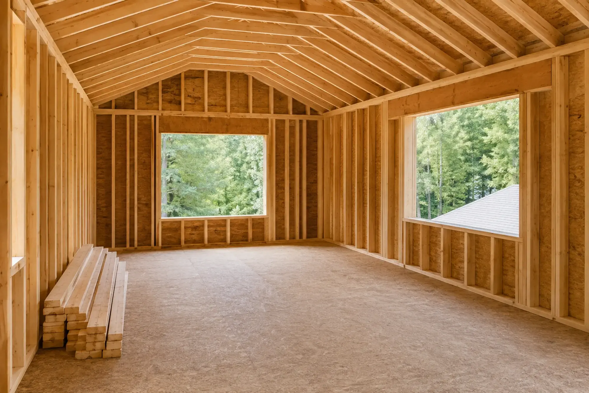Timber framing inside a residential addition, with large window openings and a vaulted roof.