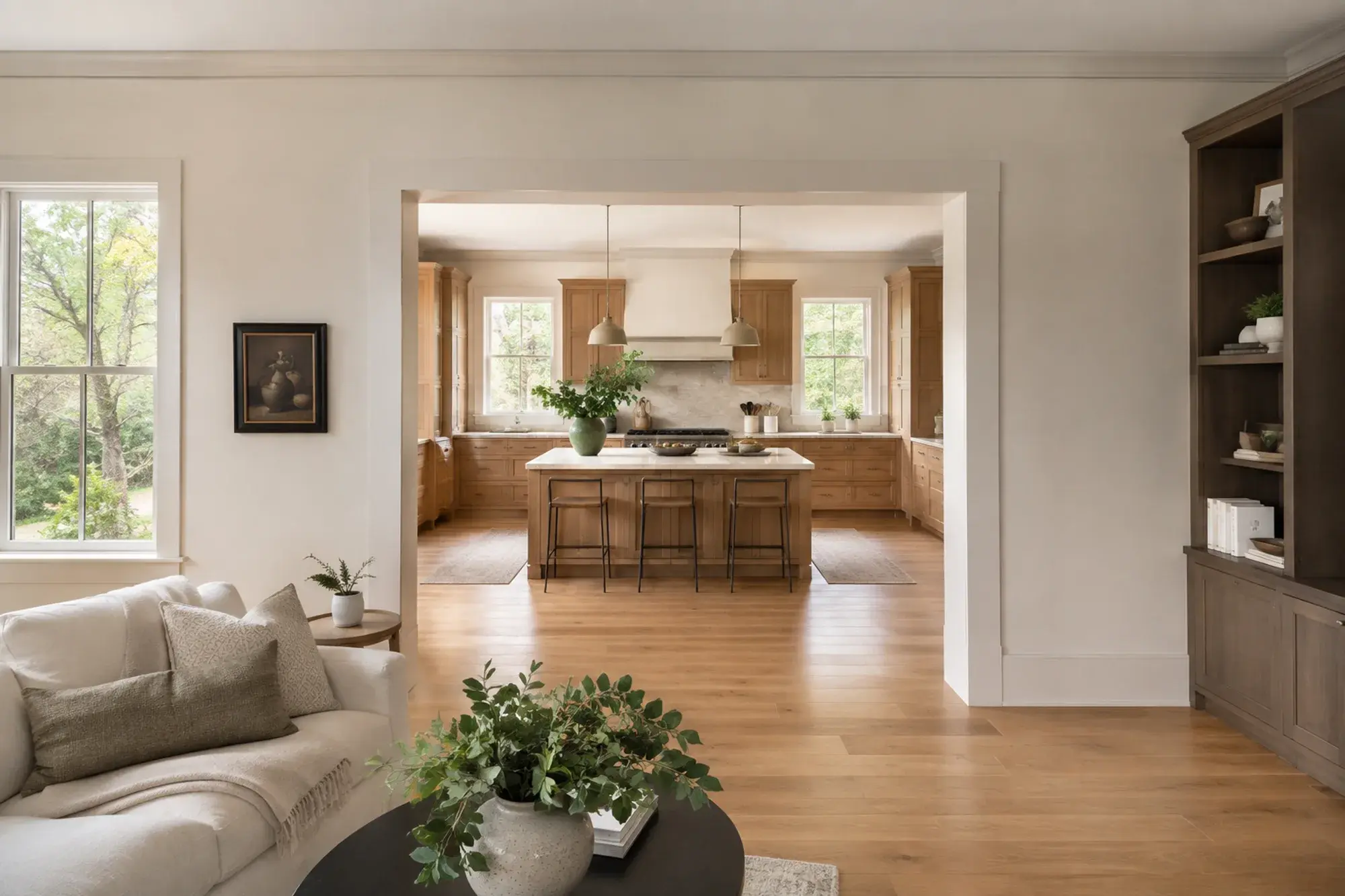A wide finished opening connects a bright living area to an oak kitchen.