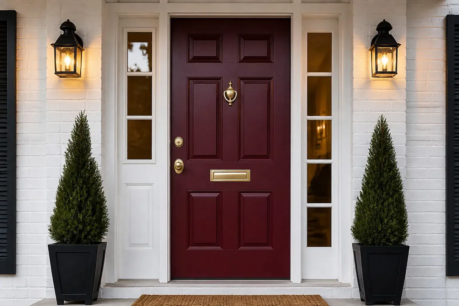 Front entry with a six-panel door freshly finished in satin oxblood red, brass knocker, lever, and door-mounted mail slot, sidelights, white brick, black lantern sconces, and potted evergreens flanking a woven doormat.