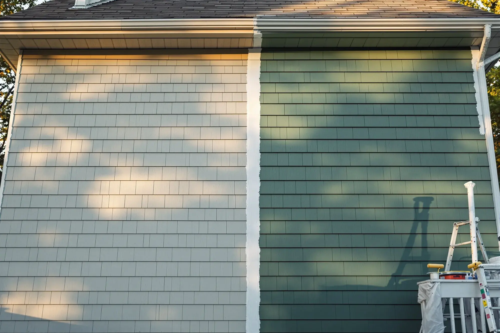 Two-story house caught mid-repaint, its left half still chalky faded gray-beige and its right half freshly rolled in deep sage green, divided by a crisp vertical line of painter’s tape.
