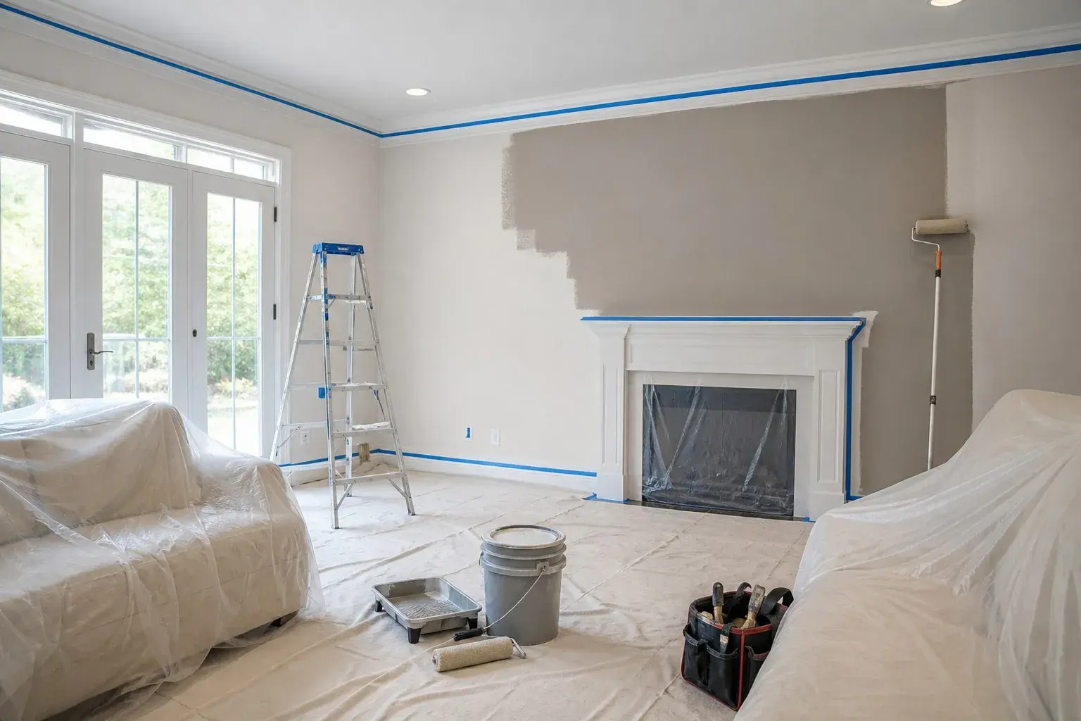 Clean mid-job living room with plastic-covered furniture, canvas drop cloths on the floor, blue painter’s tape along crown and baseboards, a ladder and paint supplies staged, and one wall half-rolled in warm greige.