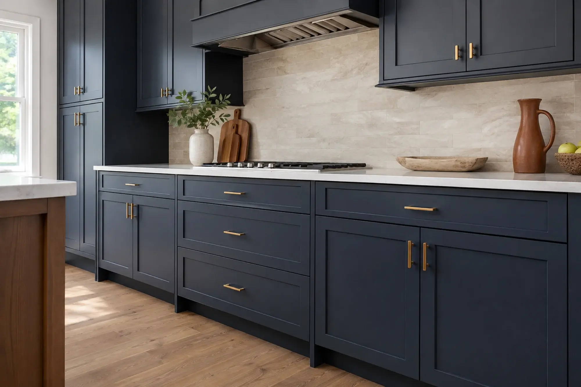 Slate-blue shaker cabinets with a smooth satin finish, brass pulls, and a light stone counter and backsplash.