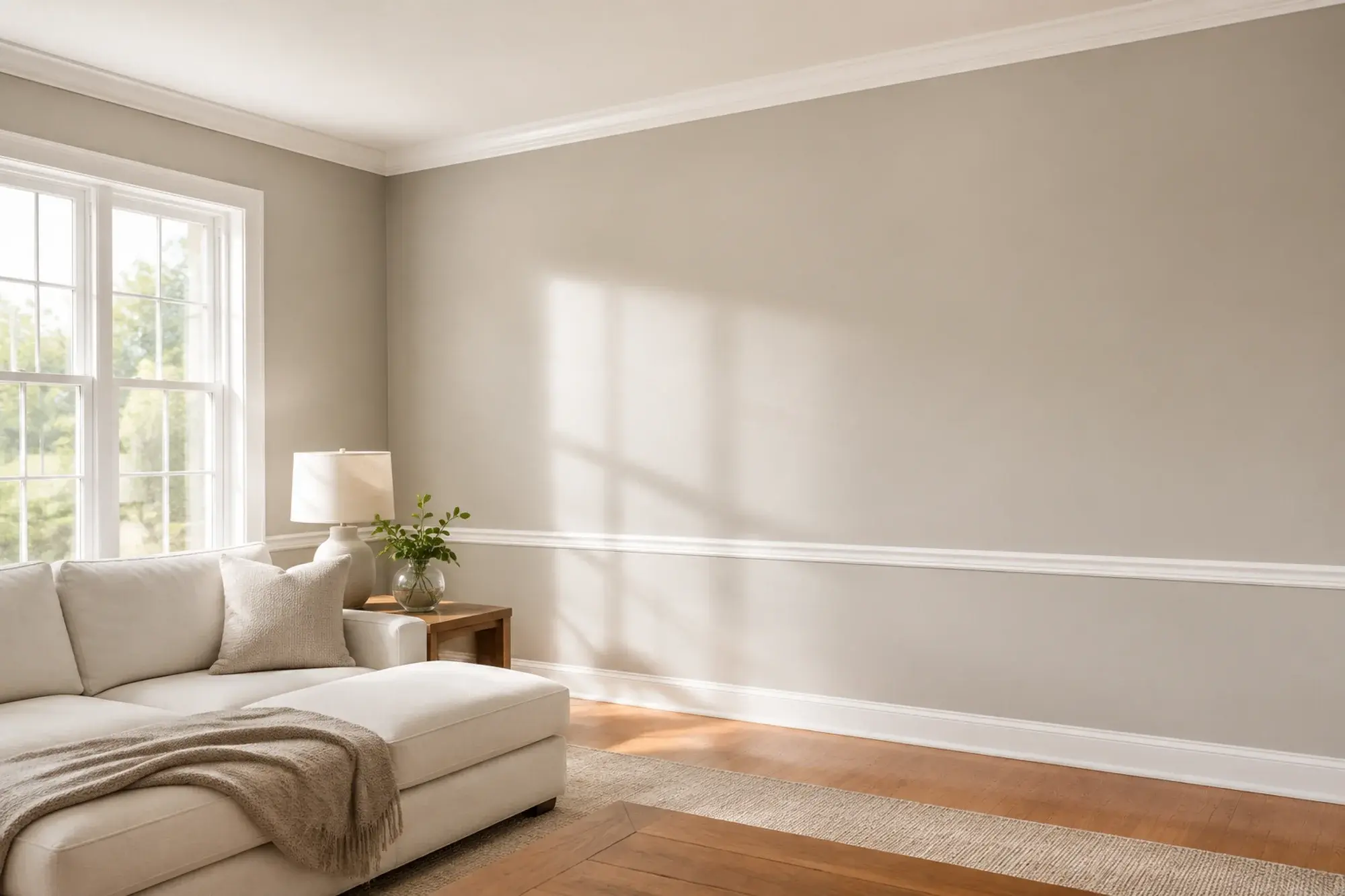 Just-completed living room repaint in a serene warm greige with crisp semi-gloss white crown moulding and window trim, afternoon light crossing the flawlessly finished wall.