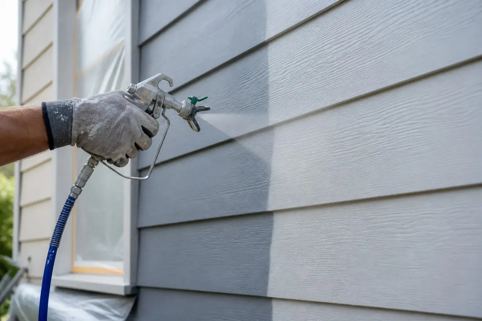 Gloved hand spraying soft gray paint onto fiber-cement lap siding with an airless gun, blue hose connected, fine mist visible, and a masked window behind.
