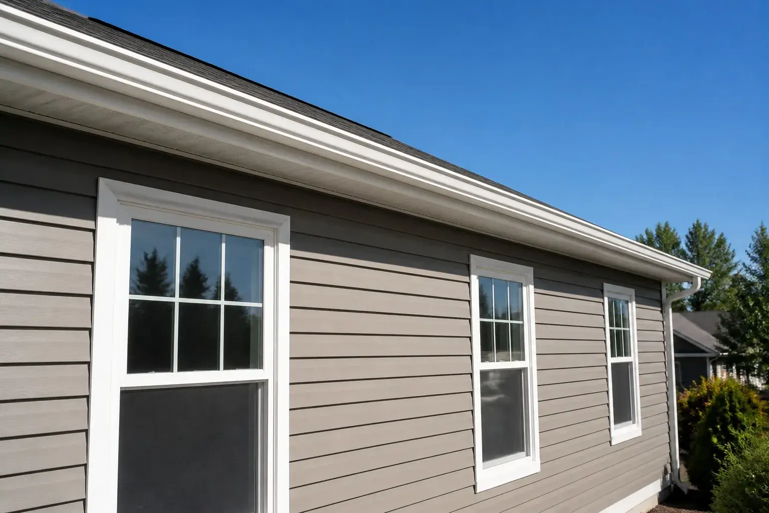 Wide-eave exterior detail with freshly painted white fascia, soffit, and gutter above taupe-gray lap siding and crisp white window trim under a clear blue sky.