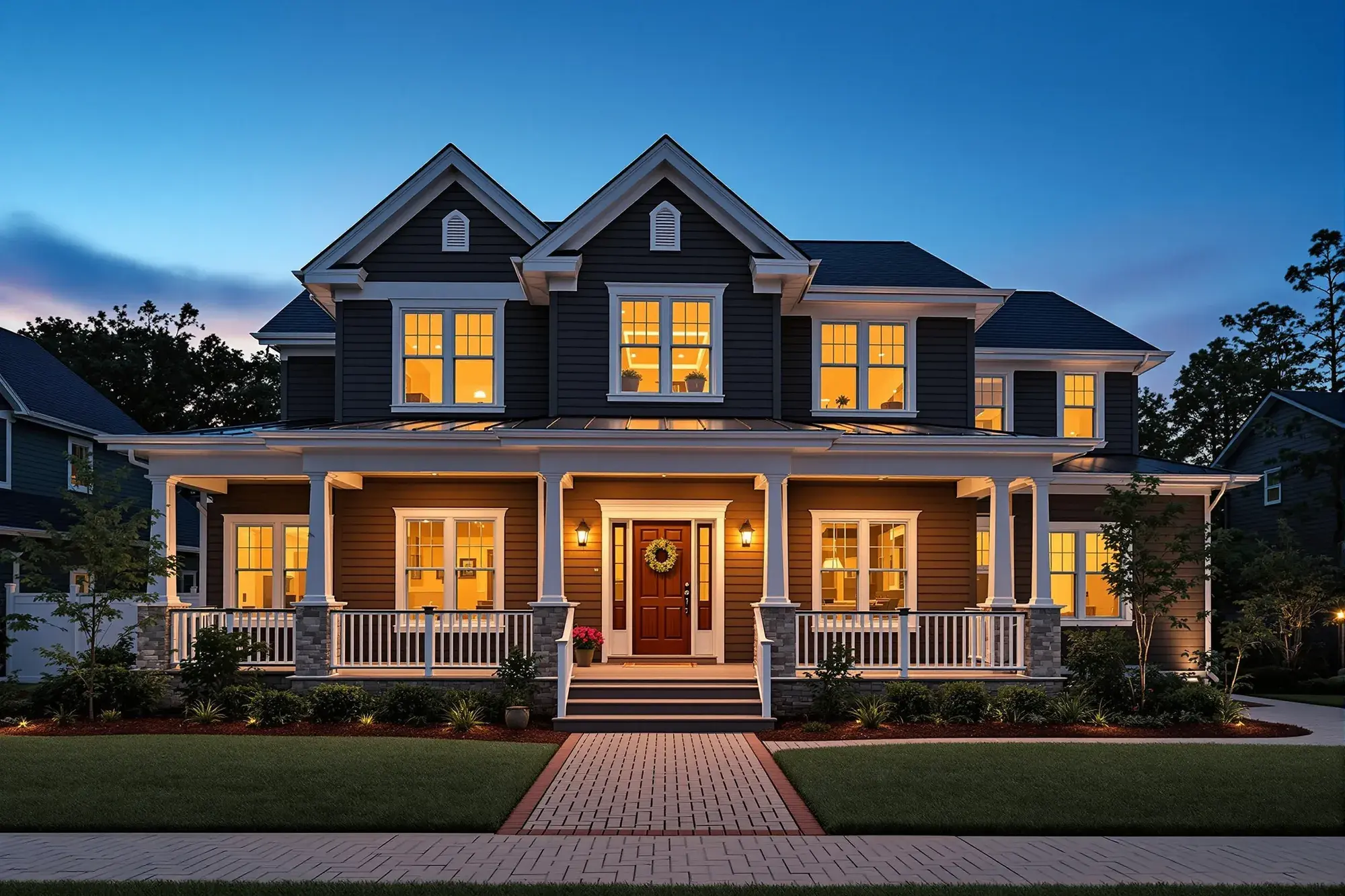 Twilight portfolio shot of a freshly repainted two-story home in deep iron-ore charcoal with warm white trim, sealed cedar porch posts, and every window glowing softly amber.