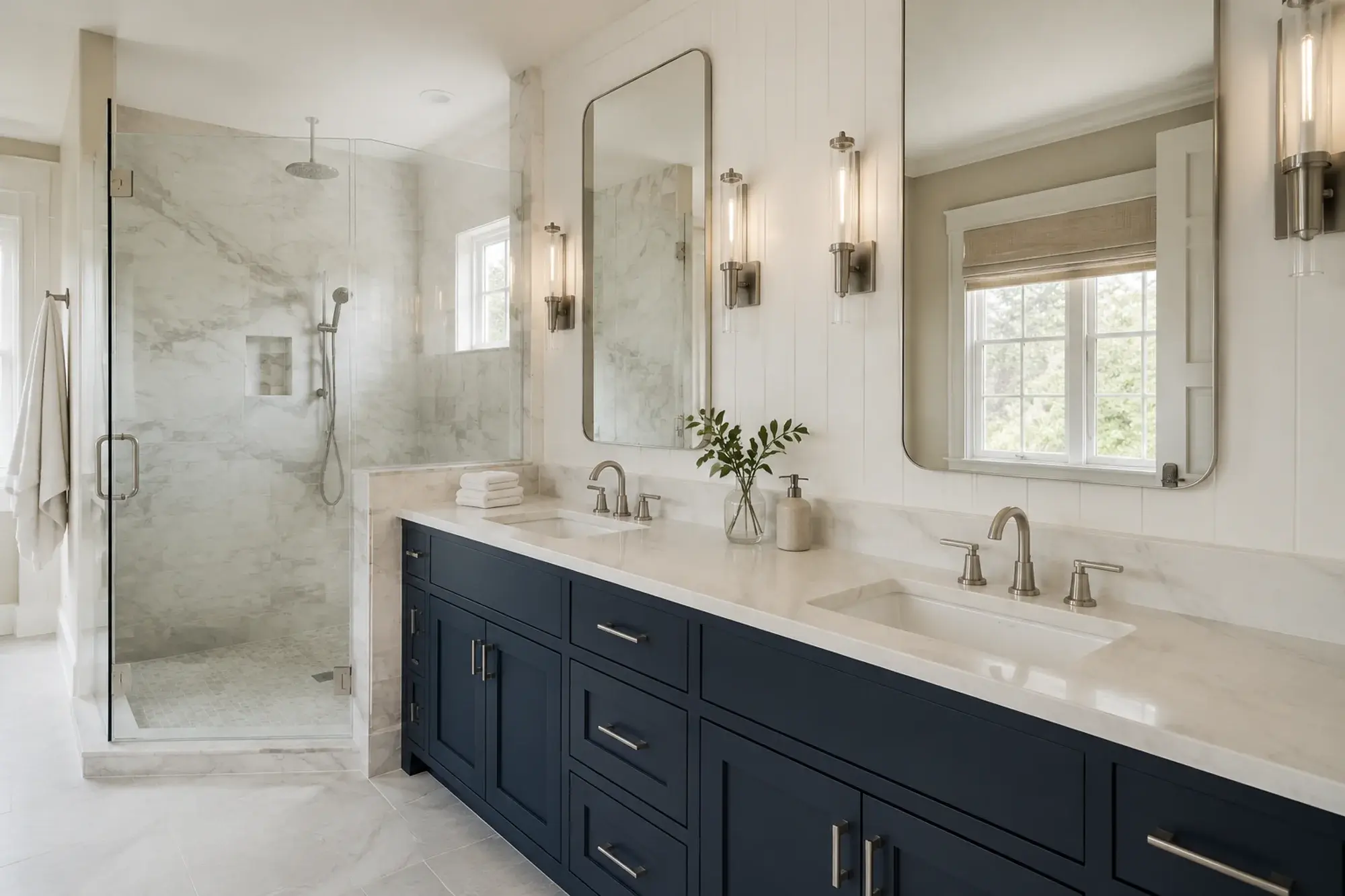 Bathroom concept with a navy double vanity, nickel faucets and a glass shower.
