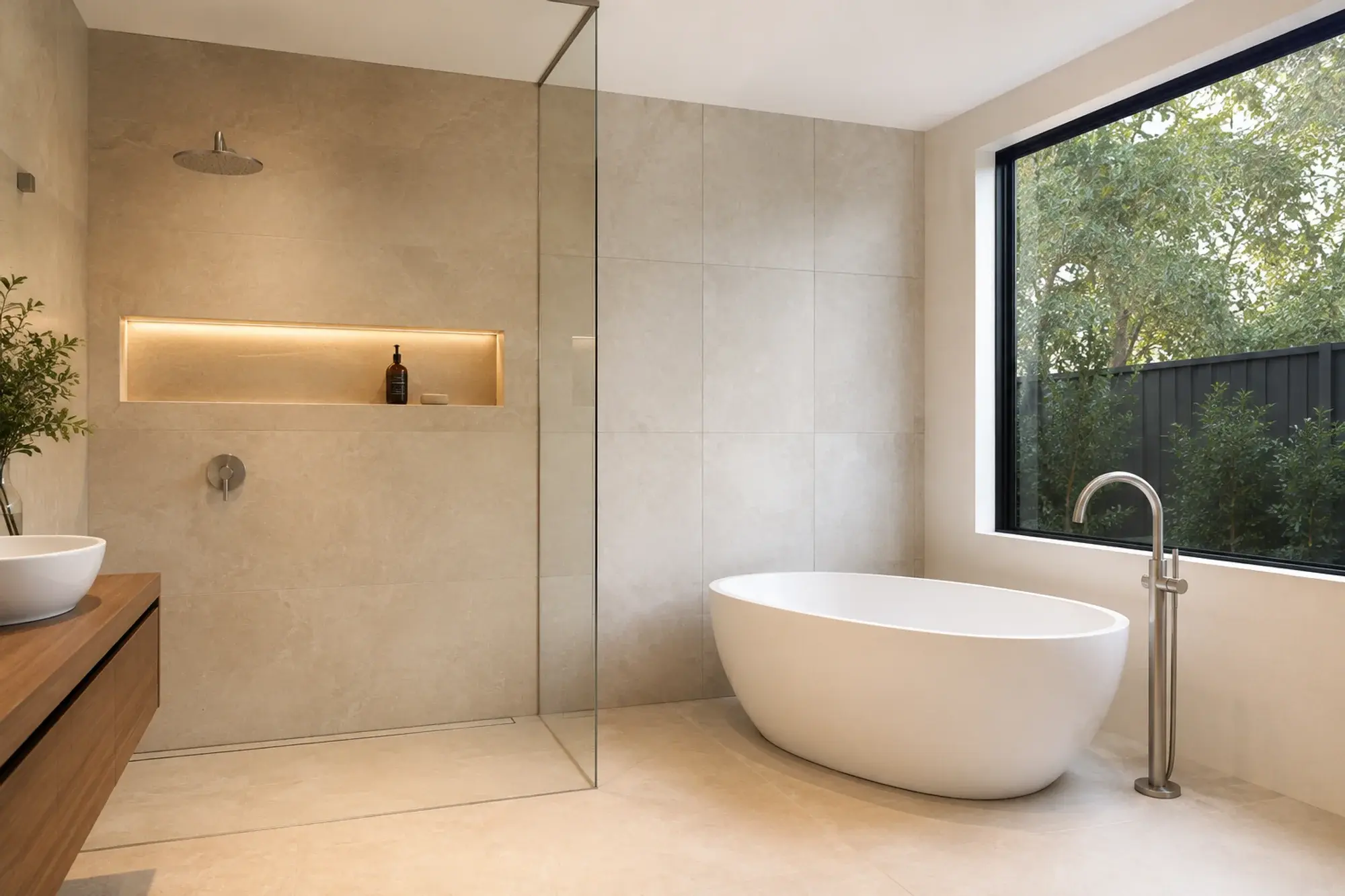 Bathroom concept with a freestanding bath and a walk-in shower in pale stone.