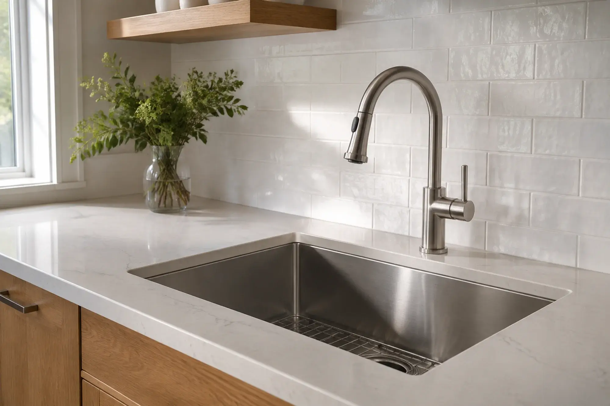 Kitchen concept with a single-bowl stainless sink and a brushed steel pull-down faucet.