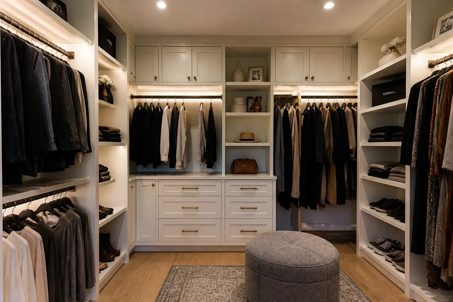 Finished walk-in closet: white built-ins with lit hanging rods, a bank of drawers with brass pulls, and open shelving for shoes.
