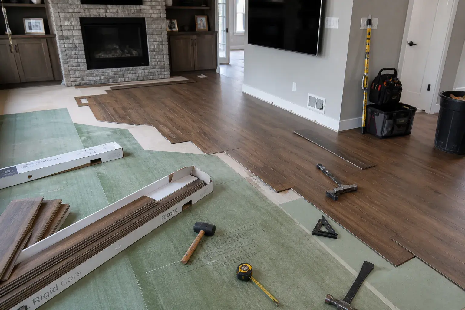 Flooring mid-job: rigid-core plank going down over green underlayment in a living room, the fireplace wall already run.