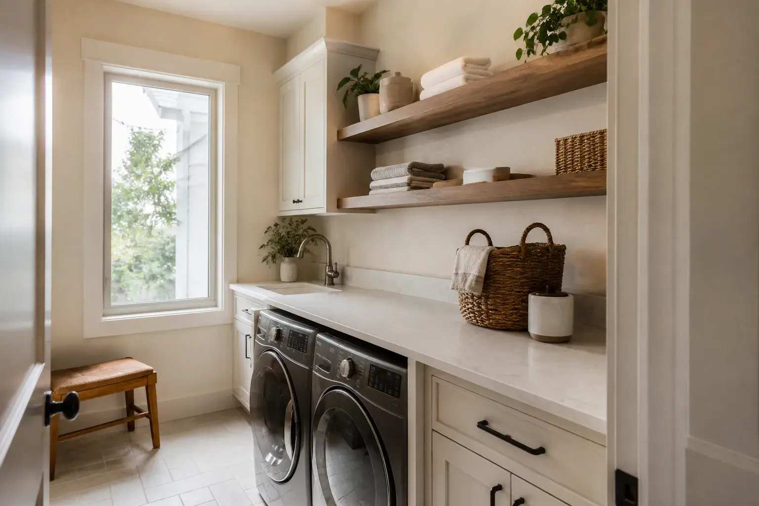 Finished laundry room: front-load washer and dryer under a stone counter, cream cabinets, and two floating oak shelves beside a window.