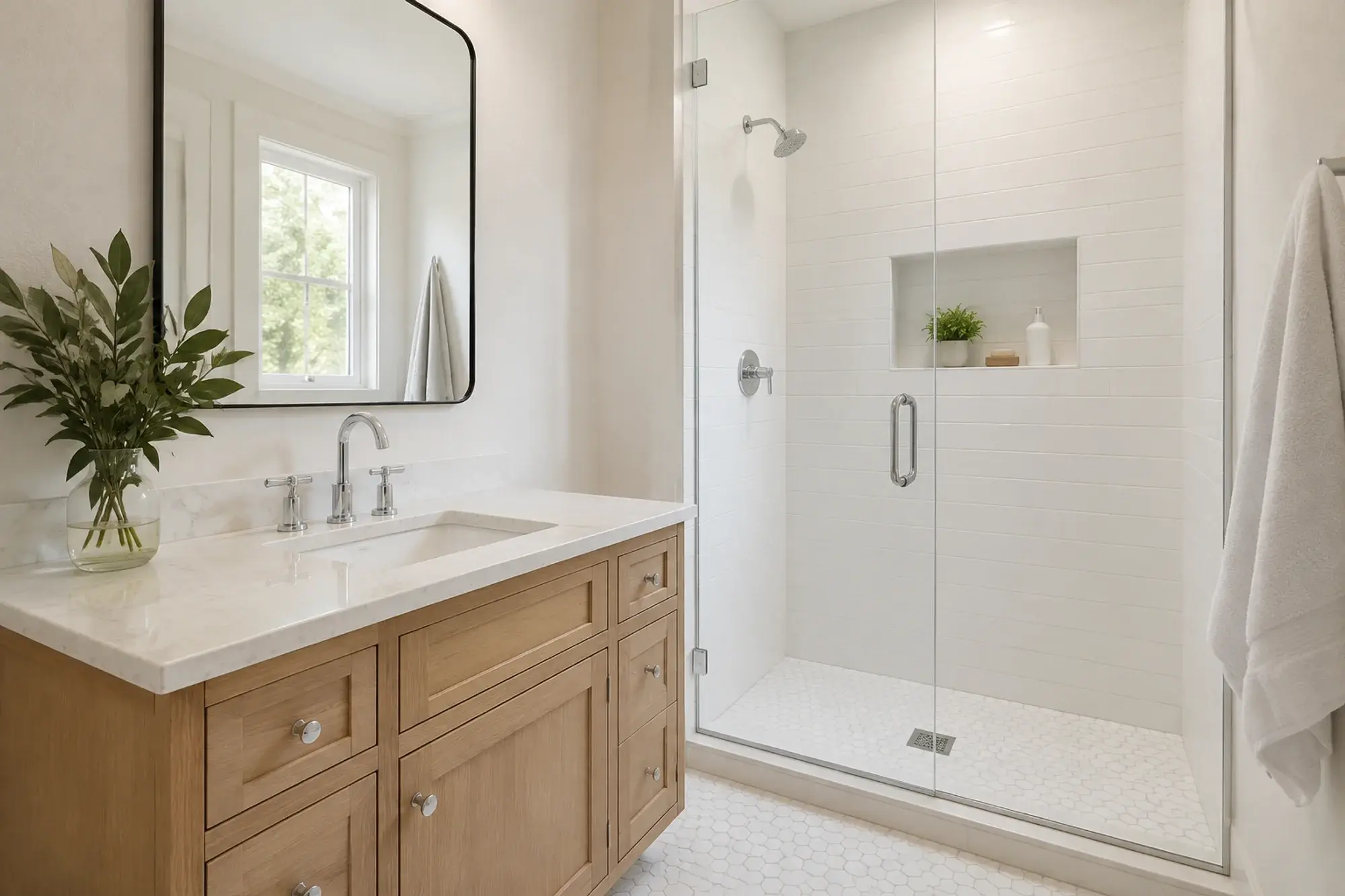 Finished bath: oak vanity with a stone top and widespread chrome faucet, a frameless glass shower with white subway tile and a tiled niche, and a white hex tile floor.