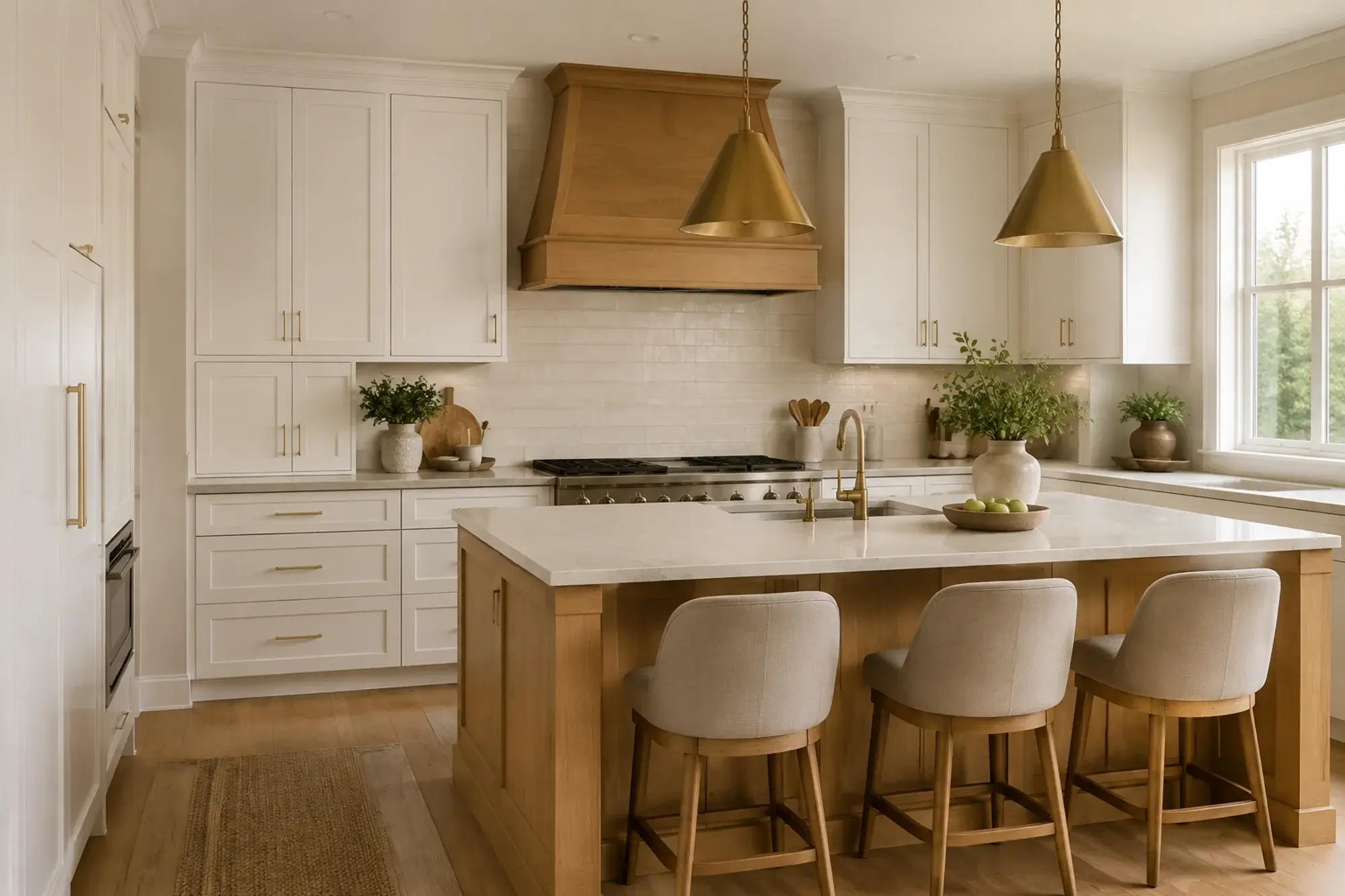 Finished kitchen: white shaker perimeter cabinets, a white oak island with a stone top and three upholstered stools, brass pendants, and a wood range hood over a white tile backsplash.