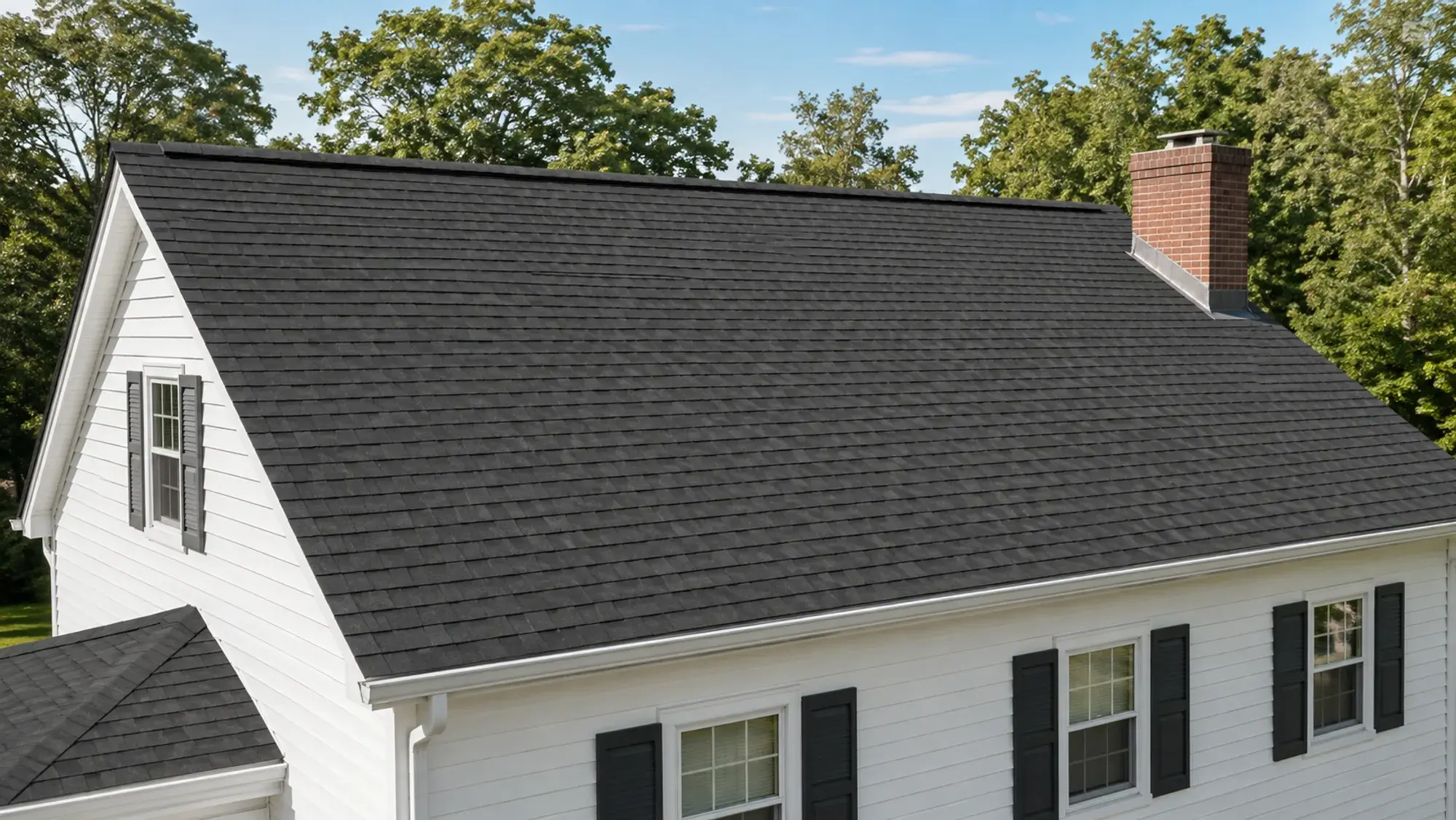 Charcoal shingle roof on a white clapboard home, with a simple ridge and brick chimney.
