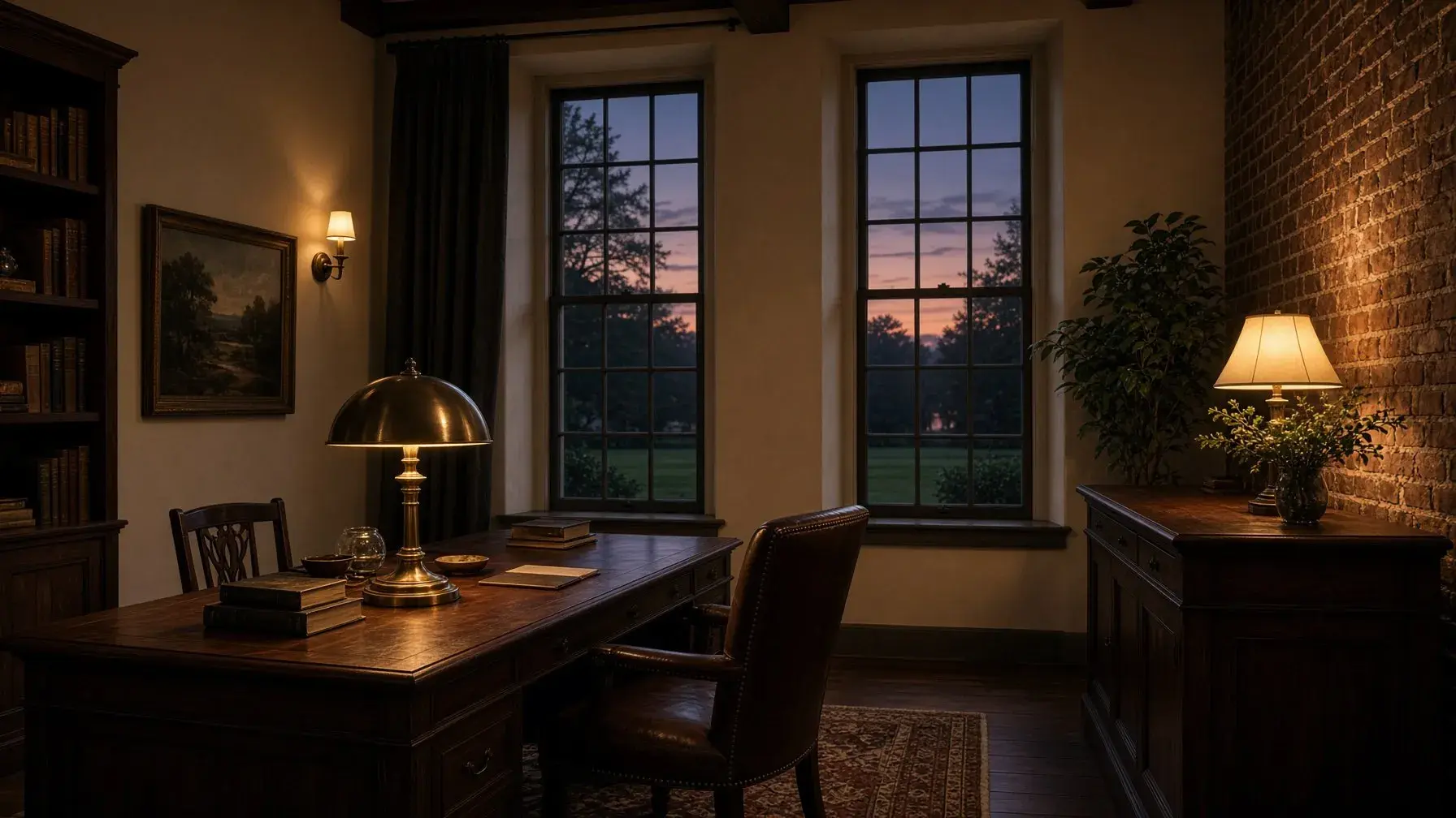 A quiet study in the 3Fold Labs clubhouse with cream plaster, dark wood, and dusk beyond the windows.
