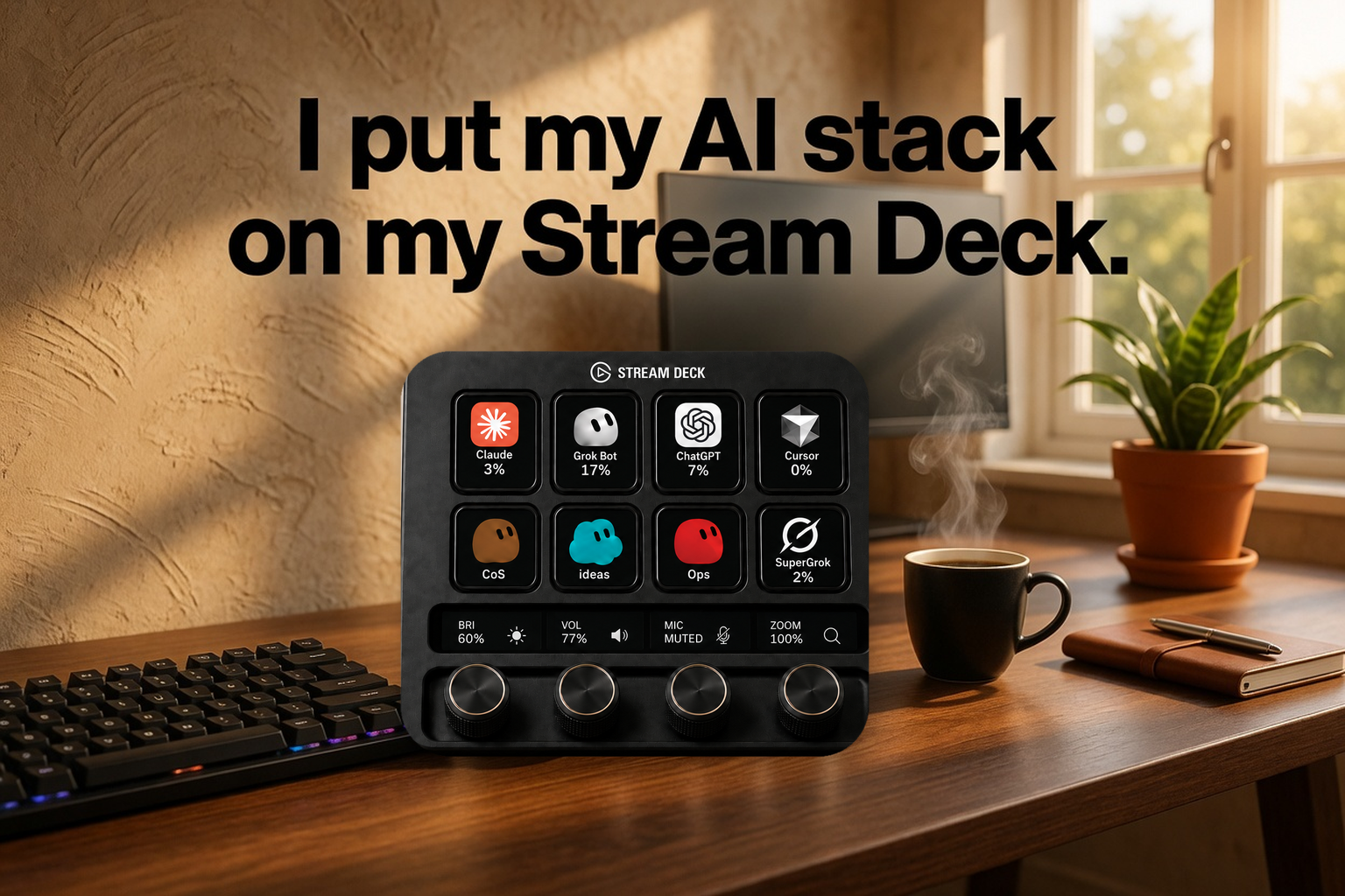 AI Usage artwork: a Stream Deck on a desk beneath the headline I put my AI stack on my Stream Deck
