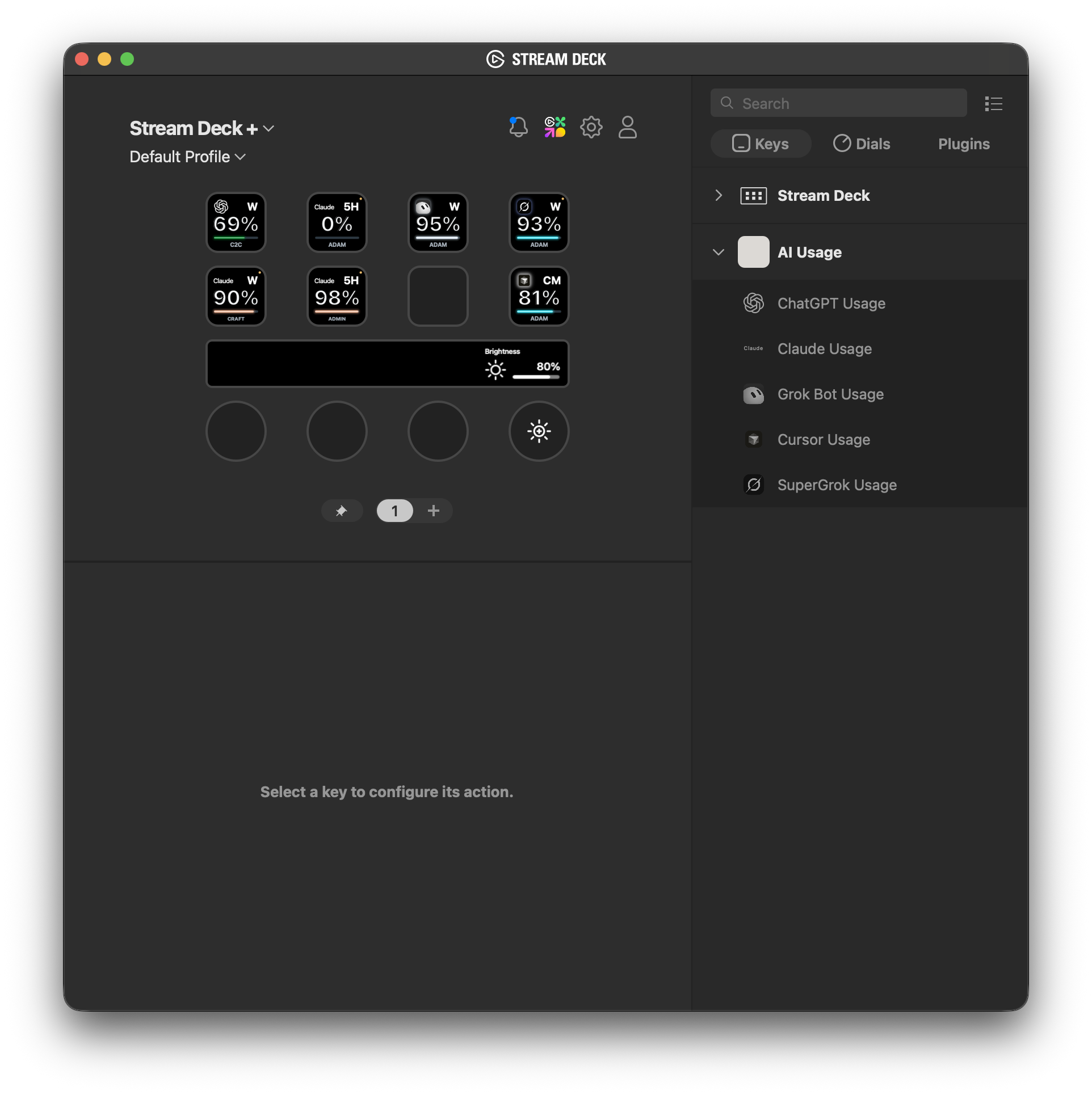 AI Usage running in the Stream Deck desktop app, with provider keys and the plugin actions panel