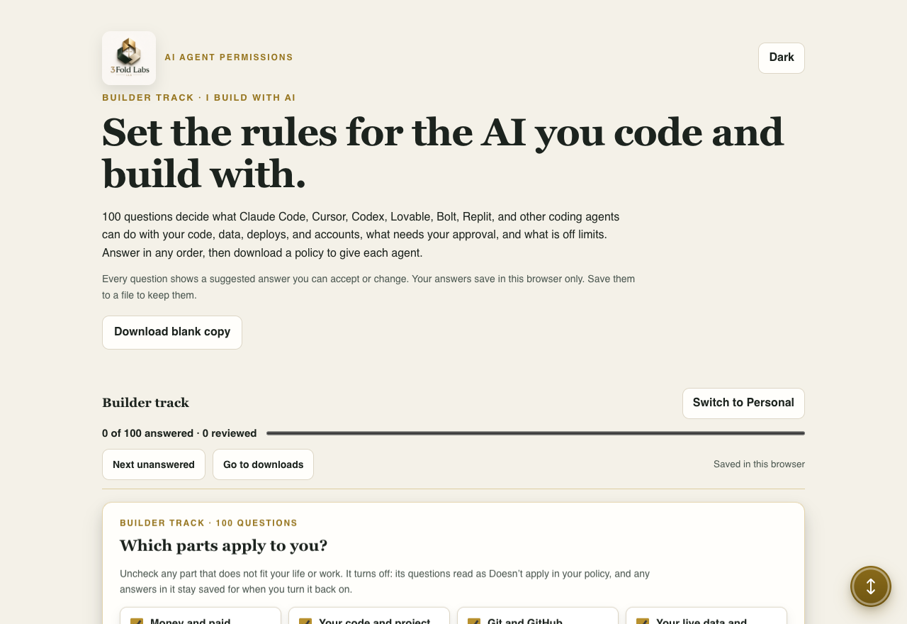 AI Agent Rules Builder track overview and section selection