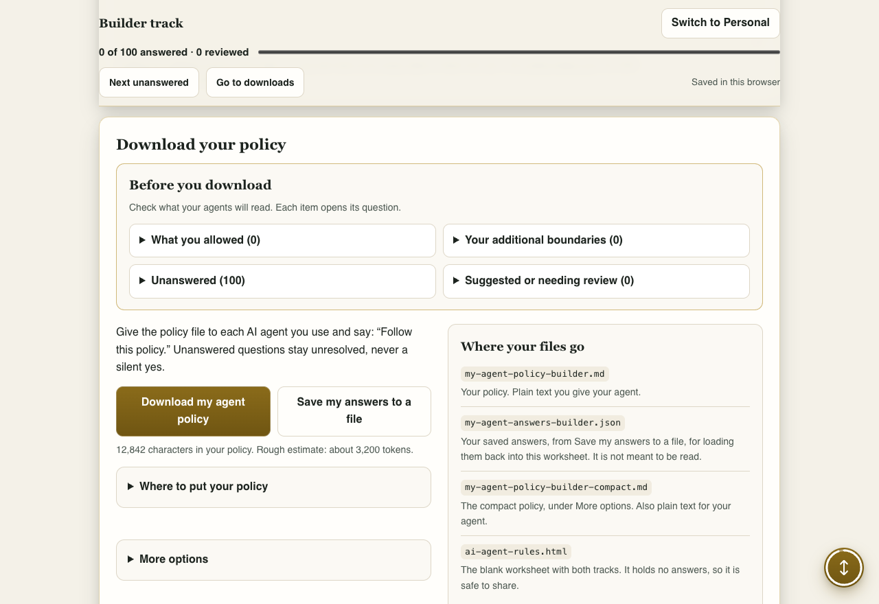 AI Agent Rules policy review and download screen, showing unanswered questions and available export files