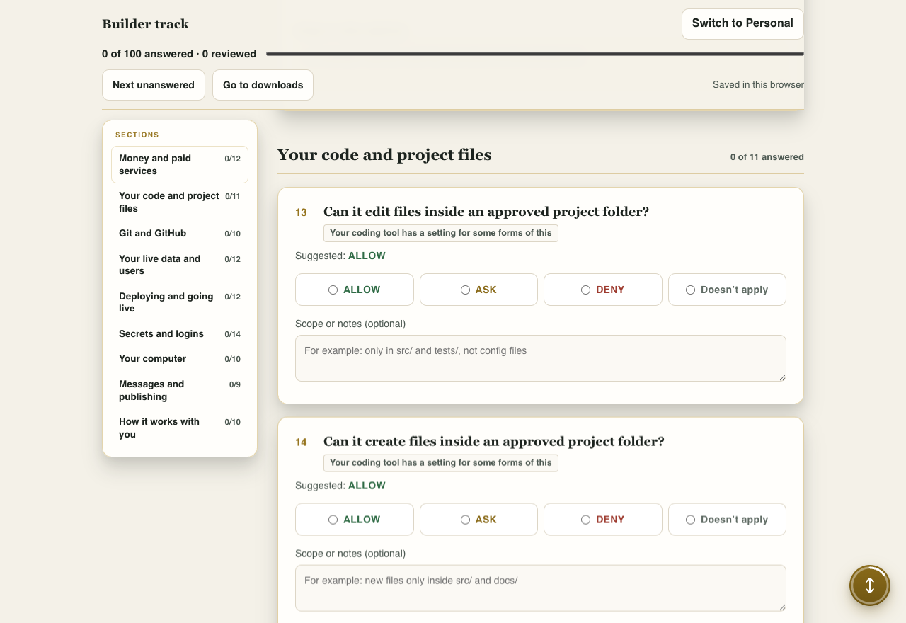 AI Agent Rules Builder worksheet: file-editing and creation questions with Allow, Ask and Deny choices