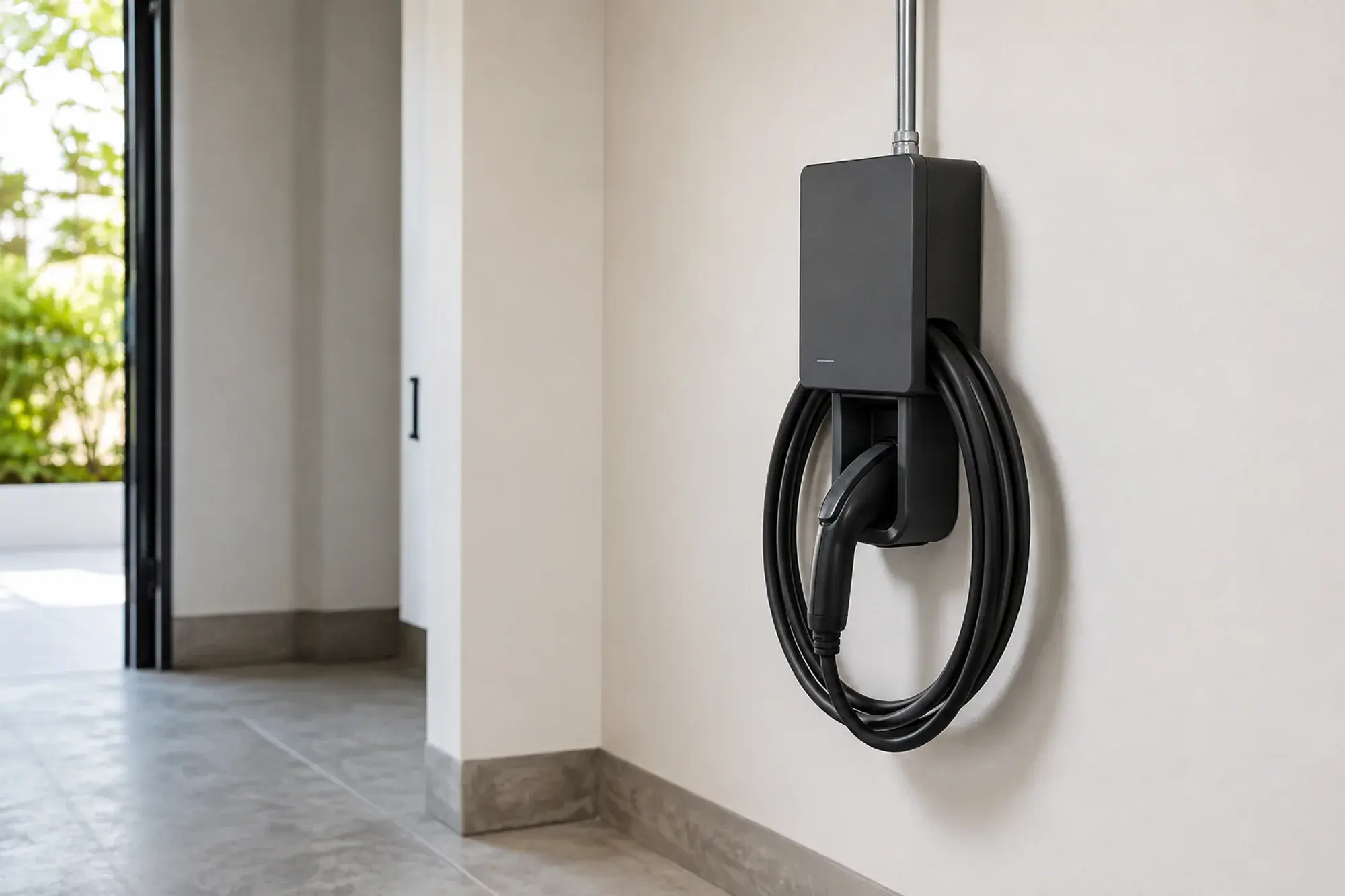Garage charging concept with a dark gray wall charger and a neatly stored cable.