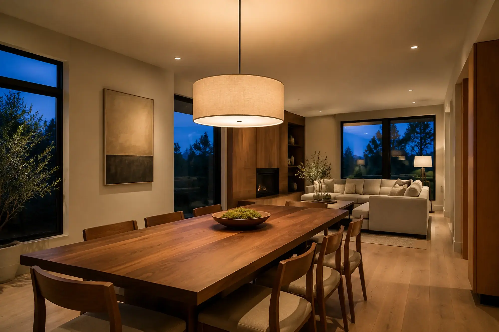 Dining and living room concept at dusk with a drum pendant, recessed lights and a floor lamp.