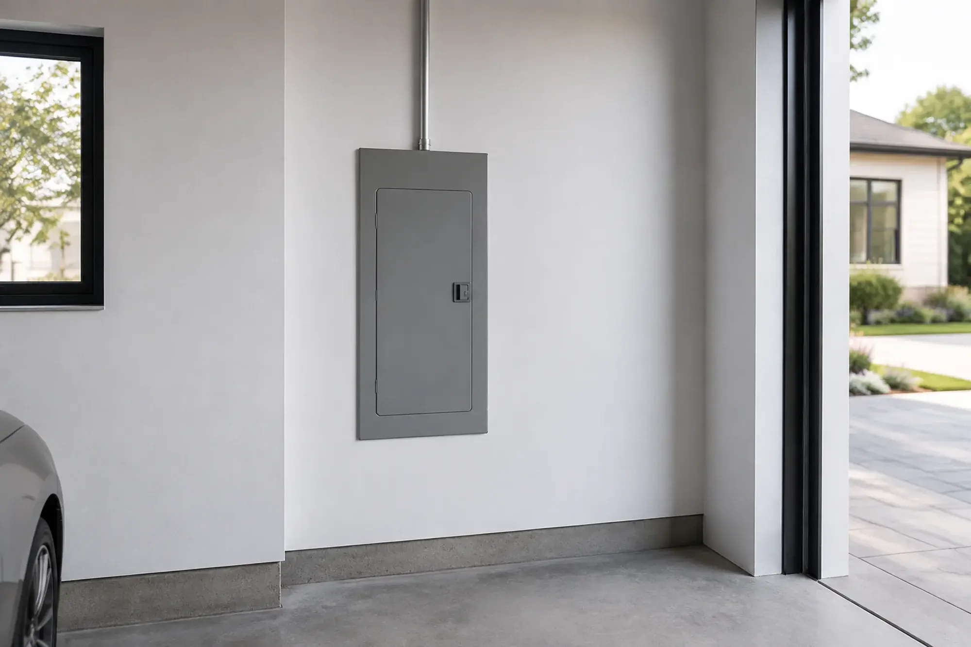 Garage concept with a closed gray electrical panel and neatly aligned conduit.