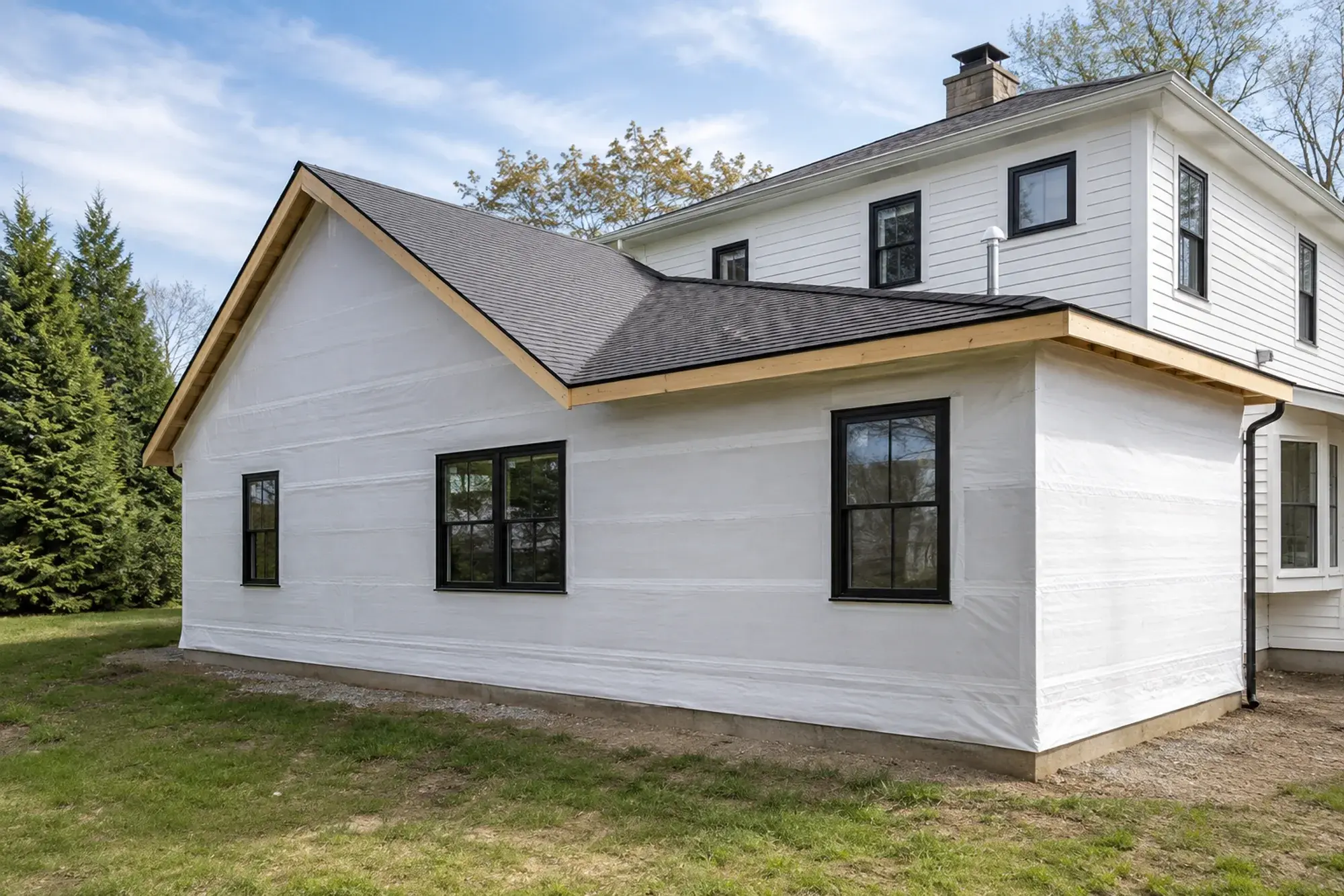 A residential addition with installed windows, roof shingles, and white weather barrier before siding.
