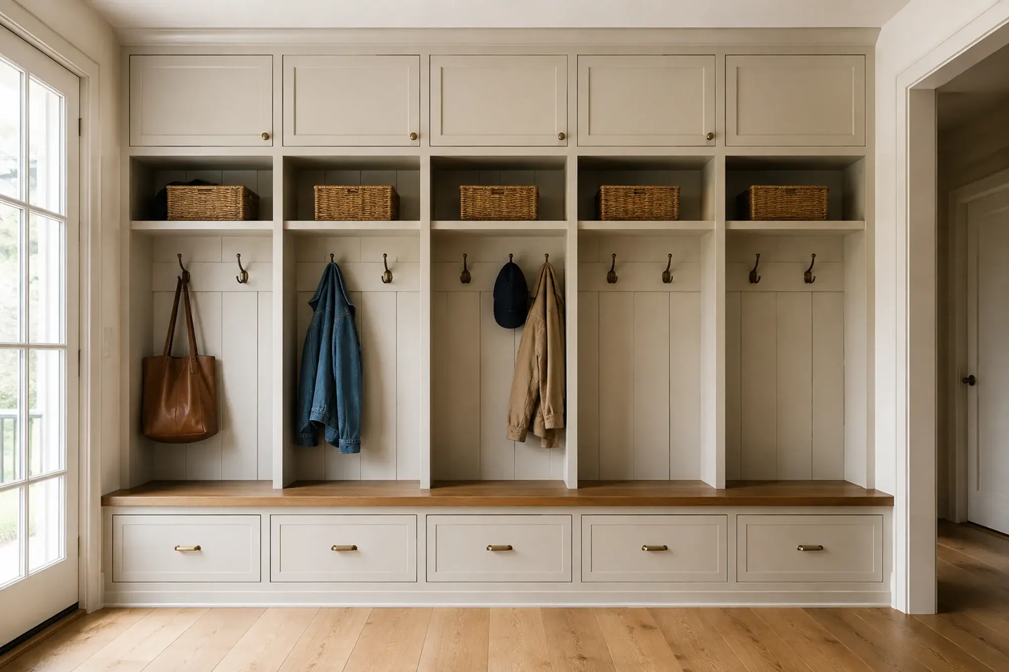 Full-height ivory mudroom built-ins with an oak bench, aligned cabinet fronts, brass hardware, hooks, and basket storage.