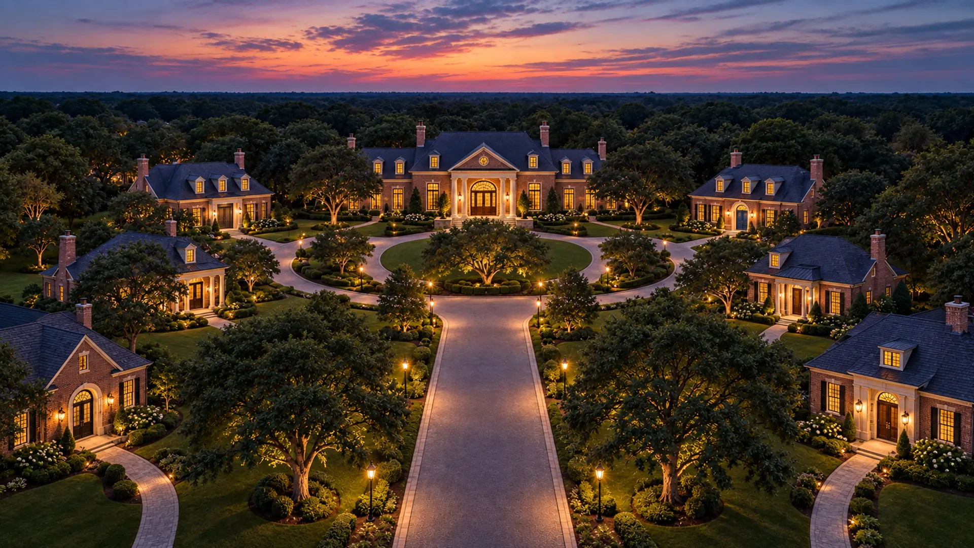 Twilight aerial of a residential street leading to the central 3Fold Labs clubhouse, with six distinct neighboring houses among mature live oaks and warm landscape lights.